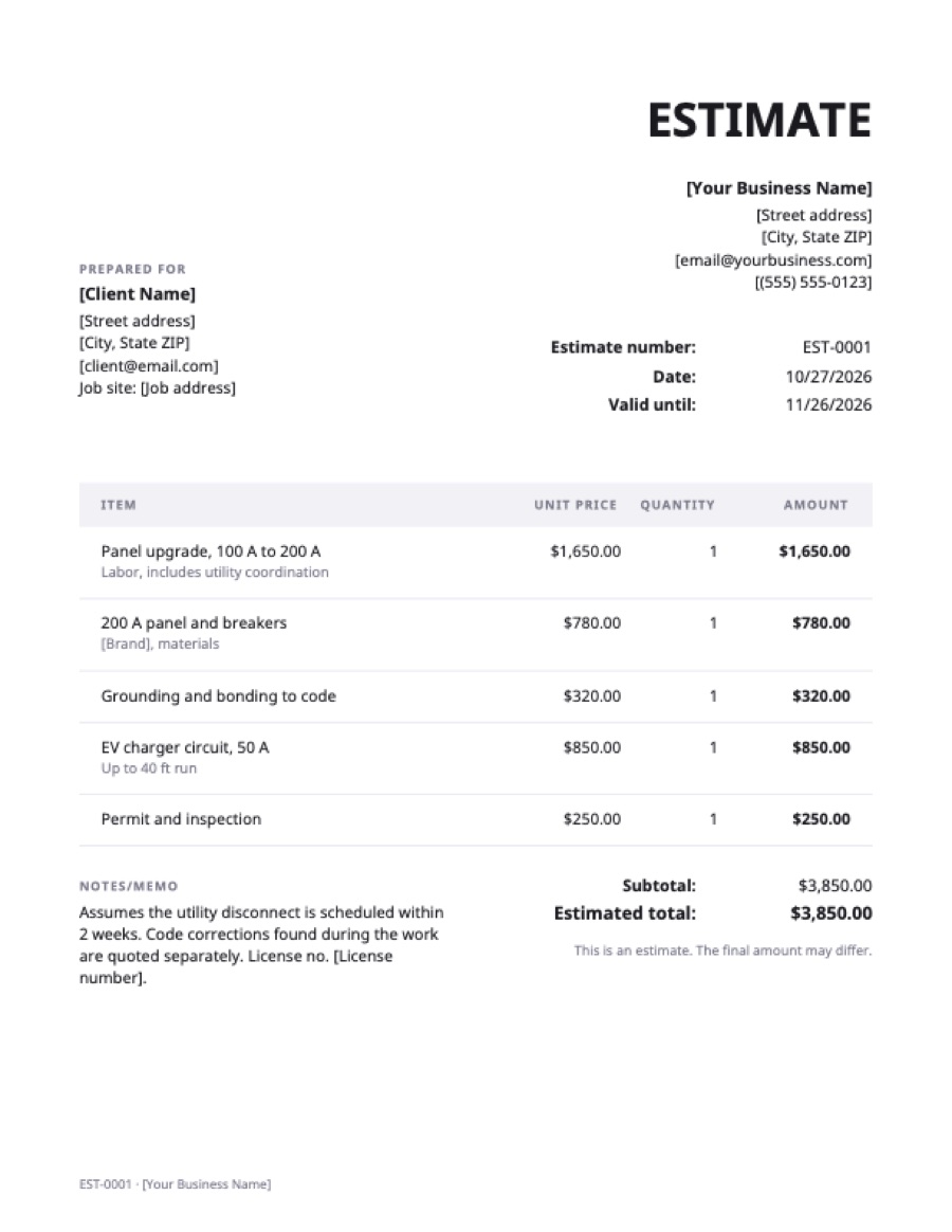 Electrical estimate template: a sample filled in with example lines for the trade