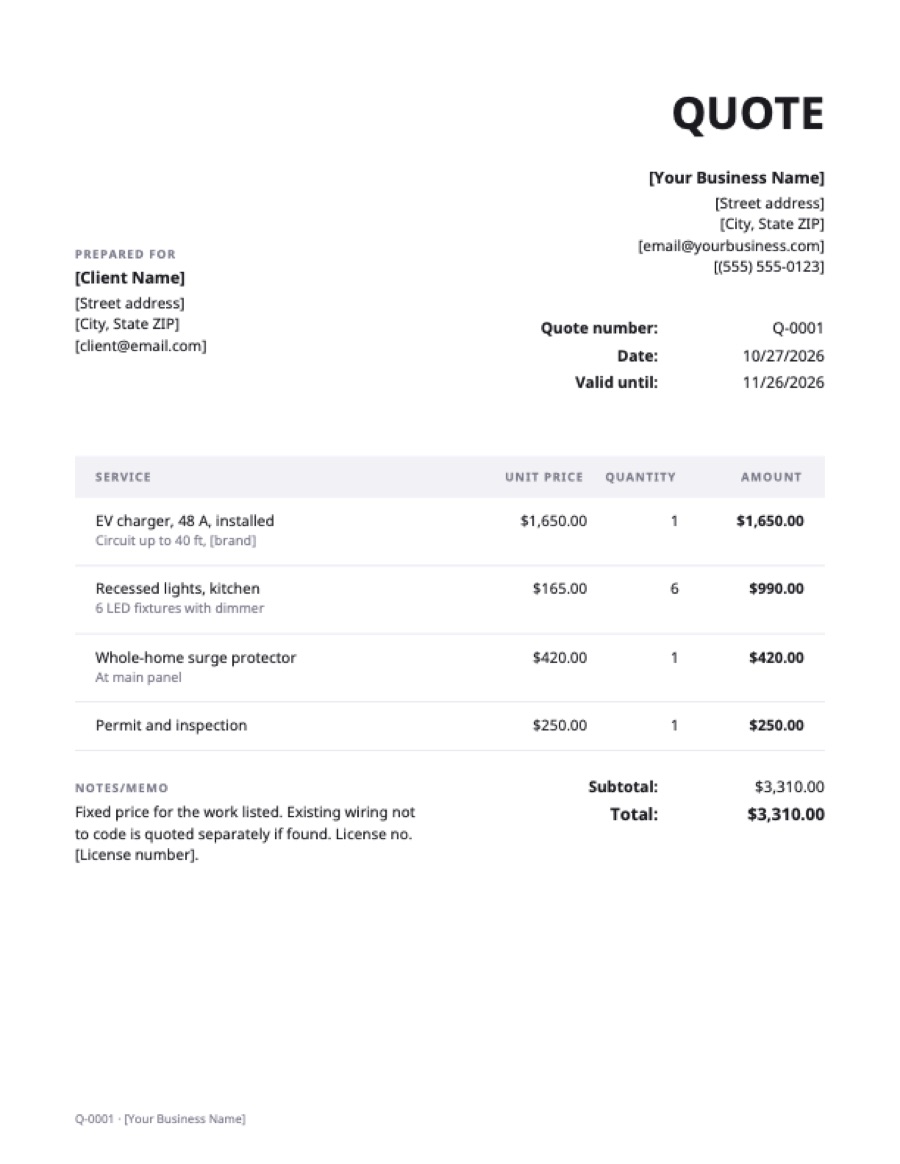 Electrical quote template: a sample filled in with example lines for the trade