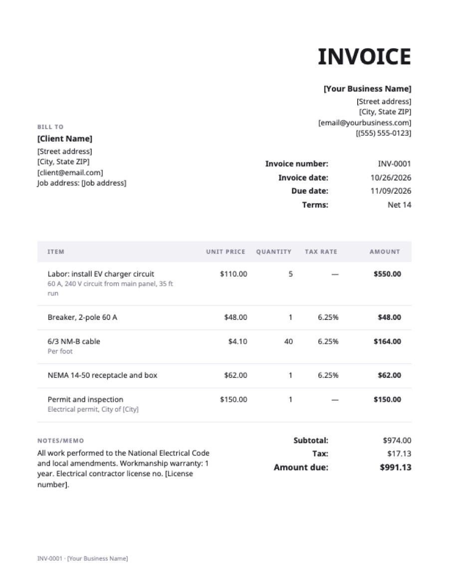 Electrician invoice template: a sample filled in with example lines for the trade