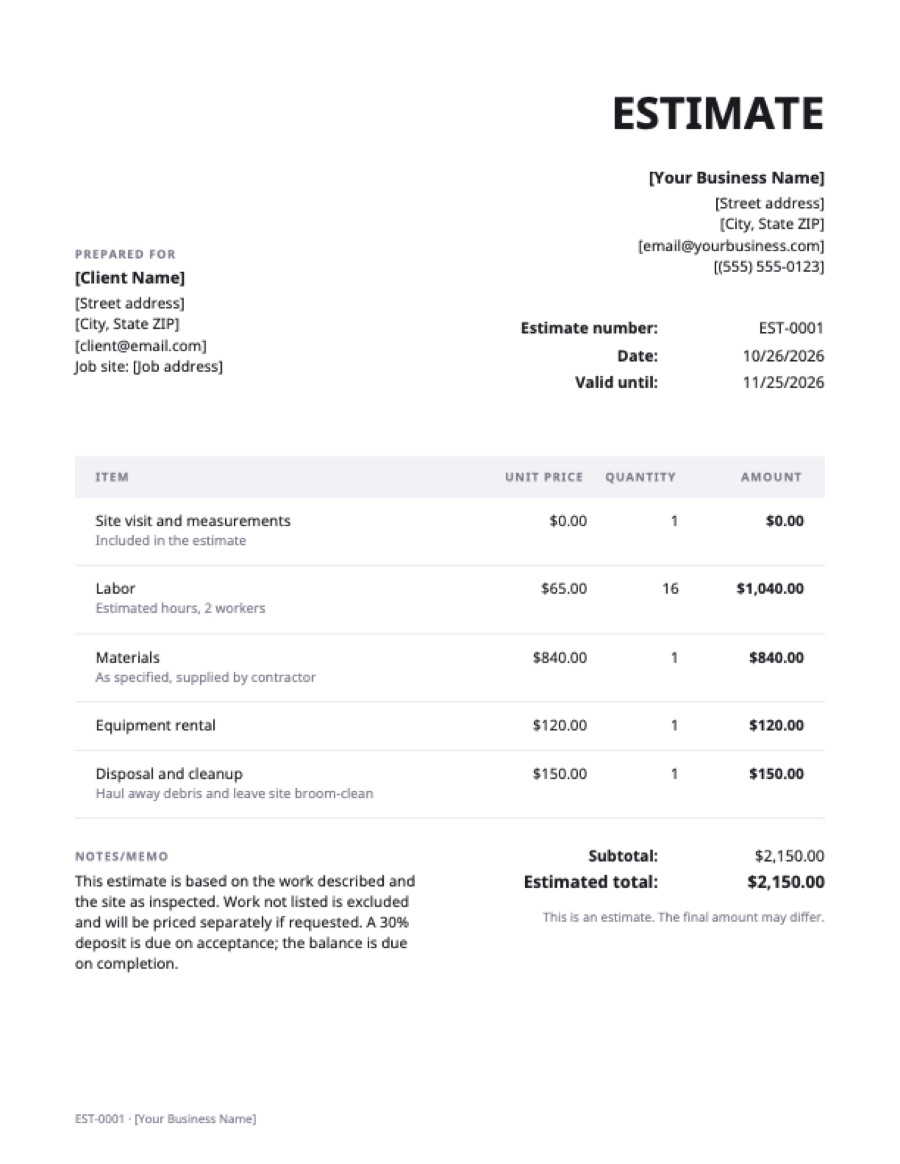 Estimate template: a sample filled in with example lines