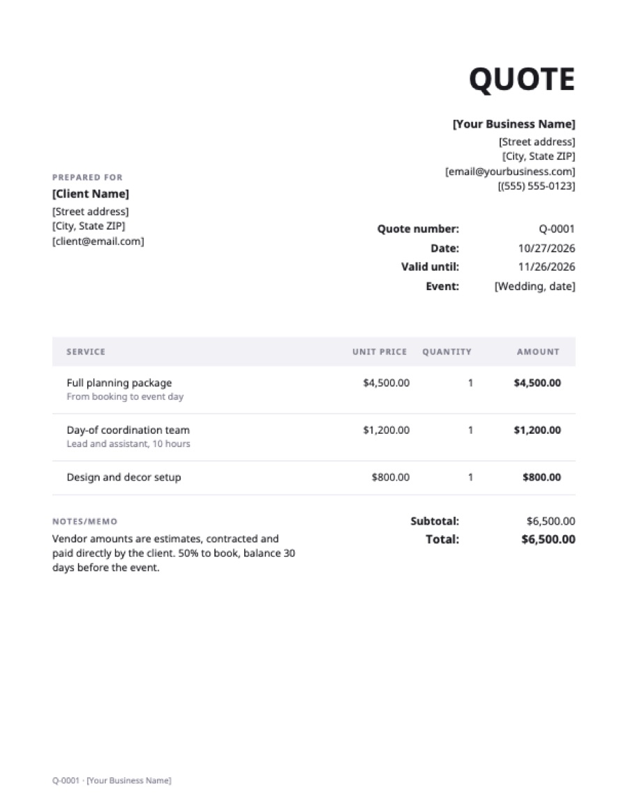 Event planning quote template: a sample filled in with example lines for the trade