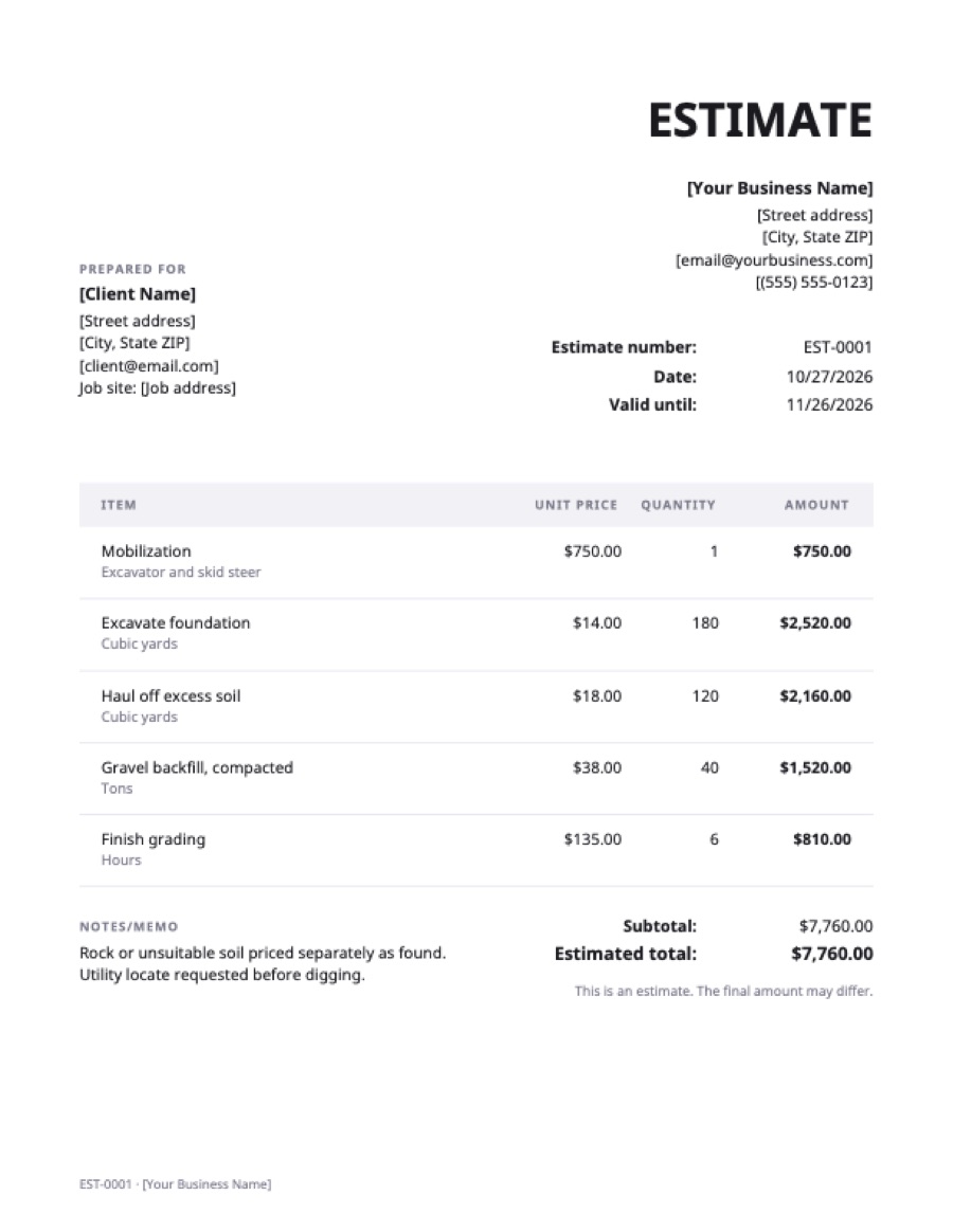 Excavation estimate template: a sample filled in with example lines for the trade