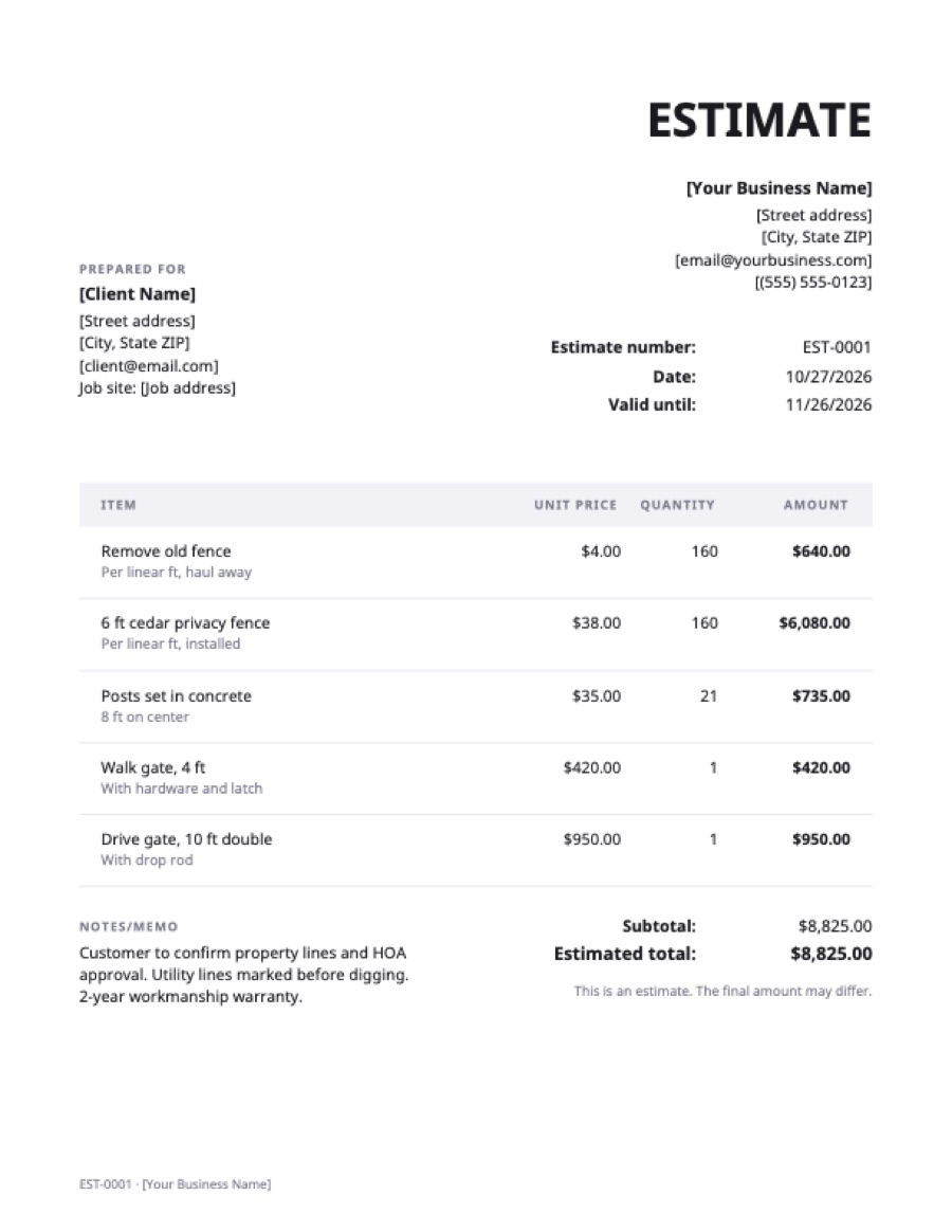 Fence estimate template: a sample filled in with example lines for the trade