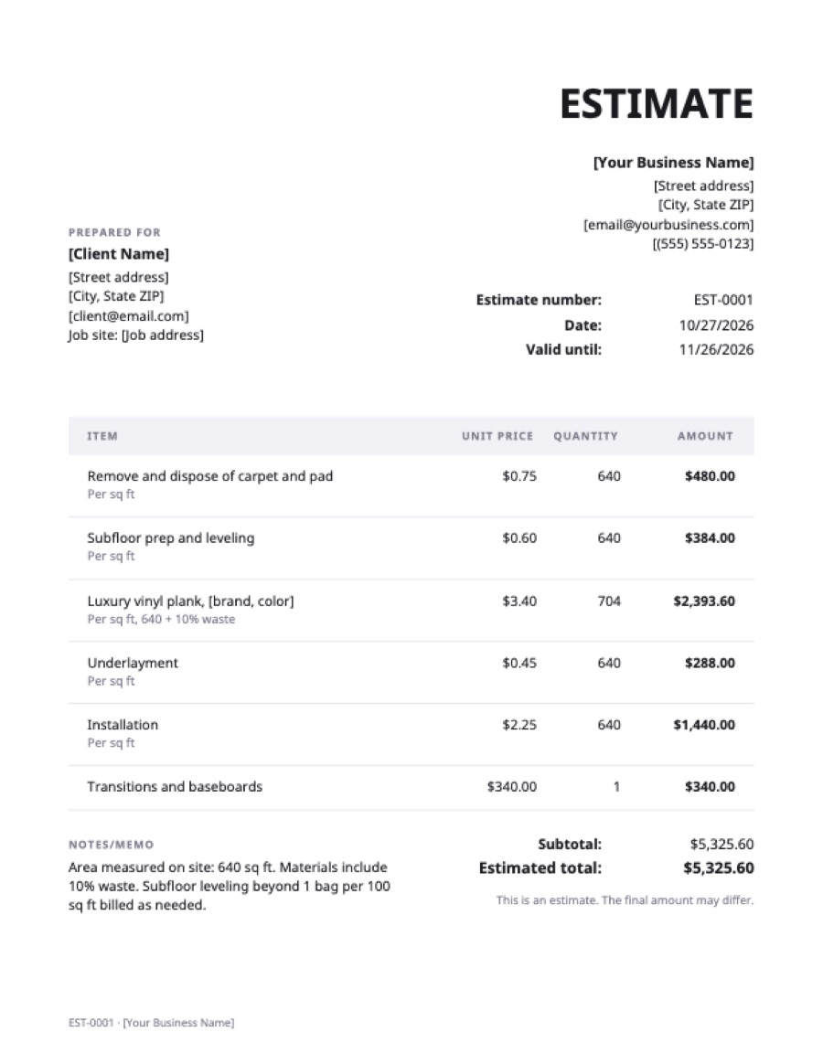 Flooring estimate template: a sample filled in with example lines for the trade