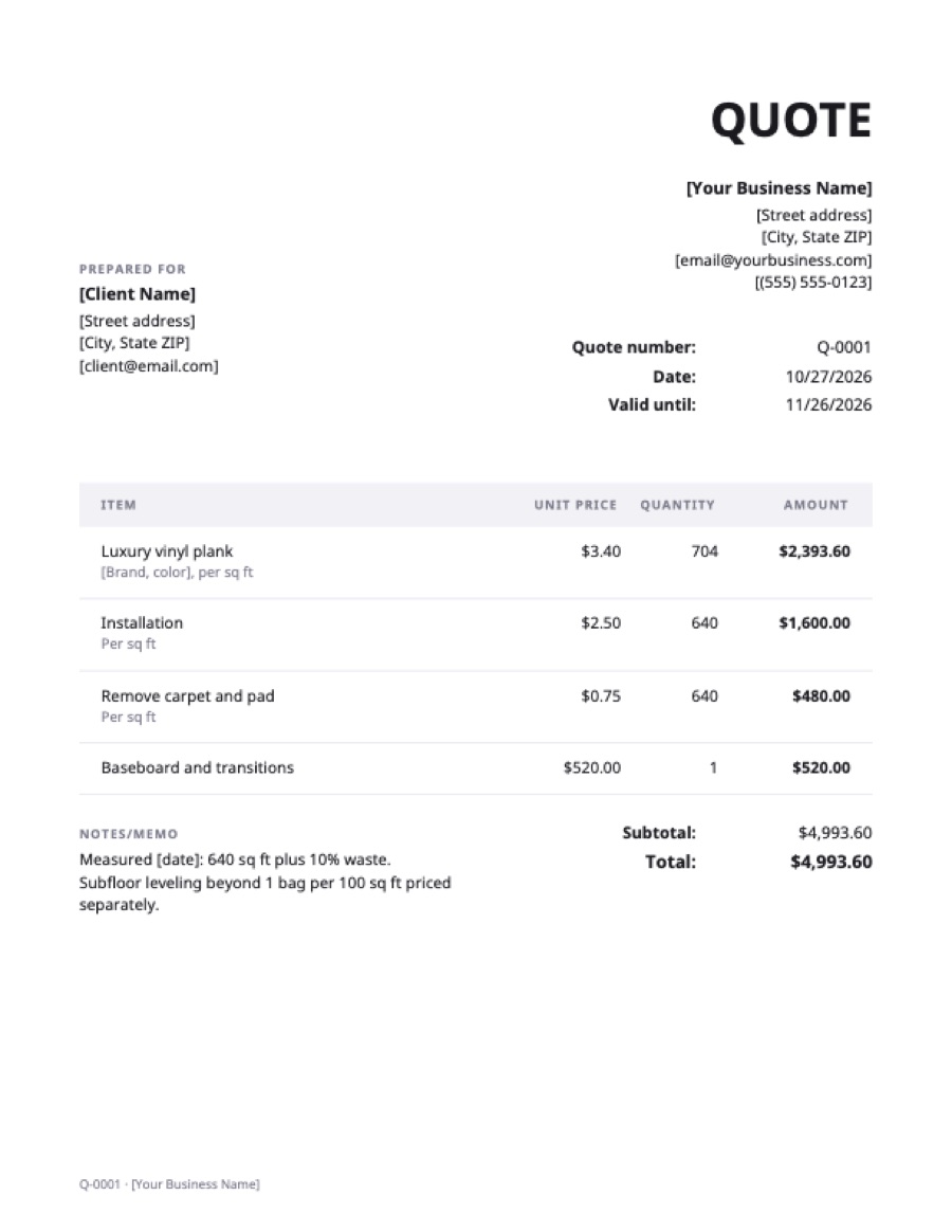 Flooring quote template: a sample filled in with example lines for the trade