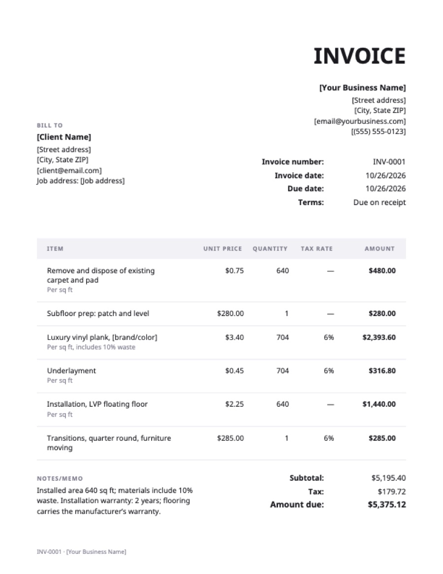 Flooring invoice template: a sample filled in with example lines for the trade