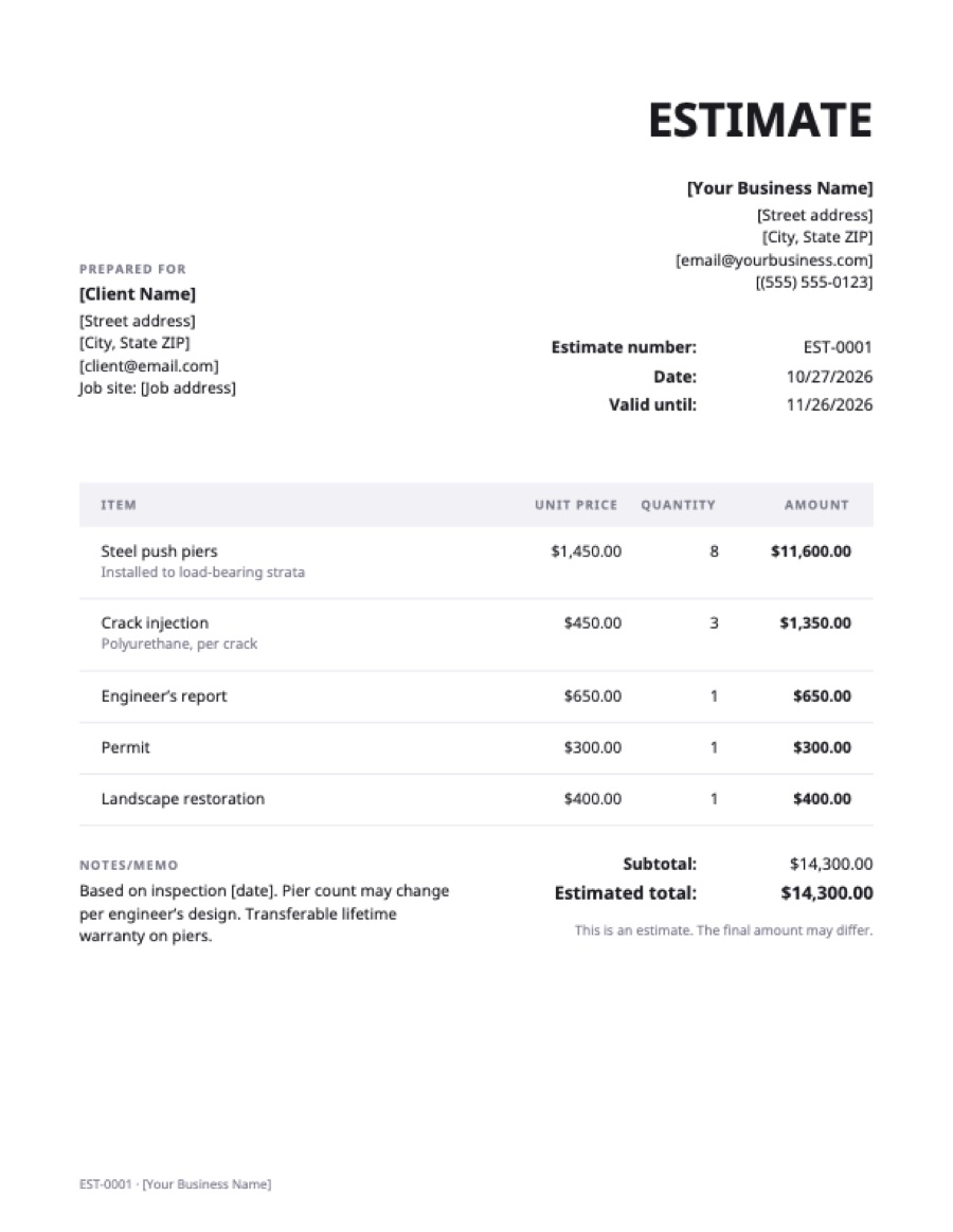Foundation repair estimate template: a sample filled in with example lines for the trade