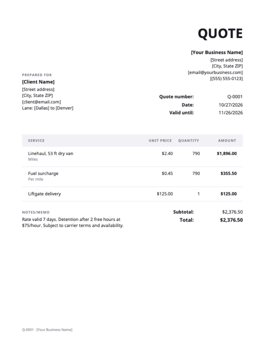 Freight quote template: a sample filled in with example lines for the trade