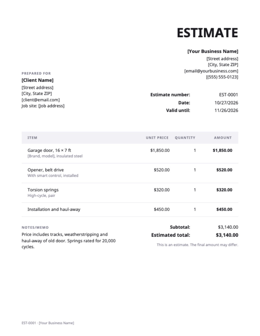 Garage door estimate template: a sample filled in with example lines for the trade