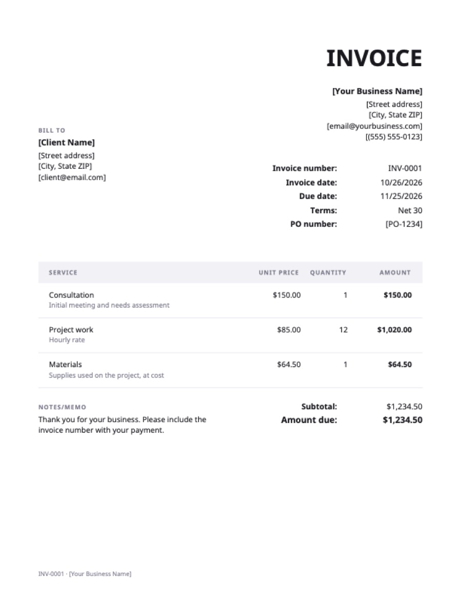 Google Docs invoice template: a sample filled in with example lines