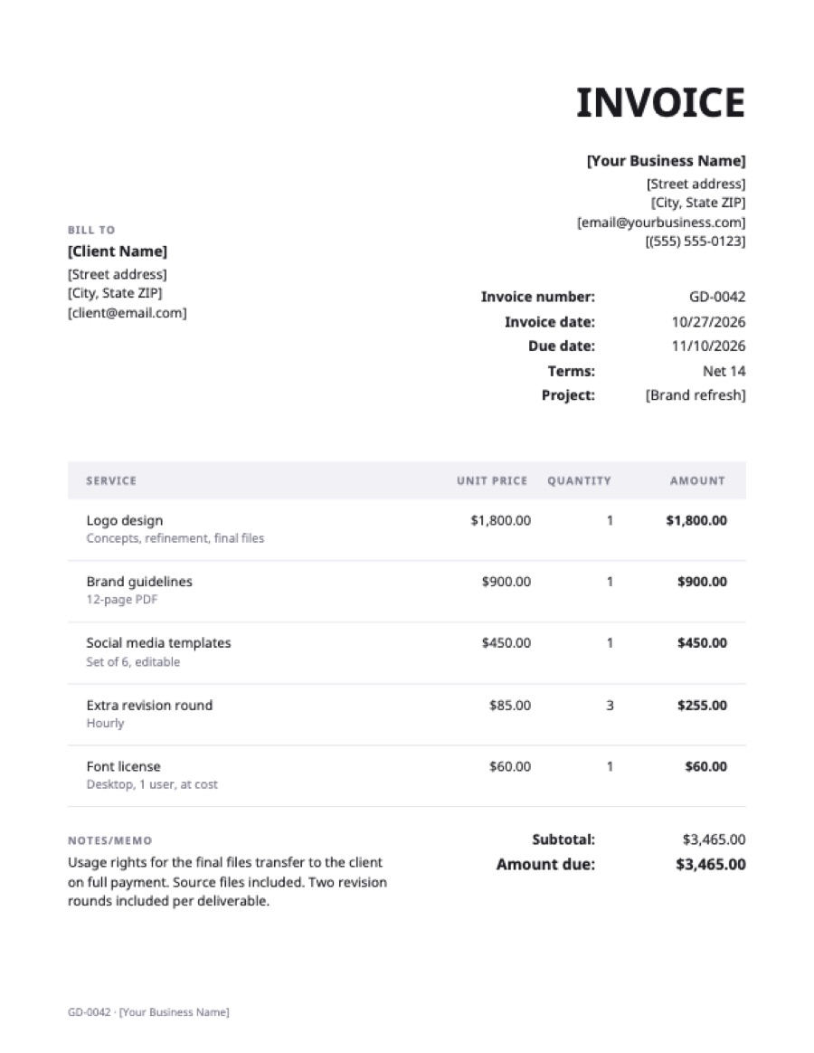 Graphic design invoice template: a sample filled in with example lines for the trade