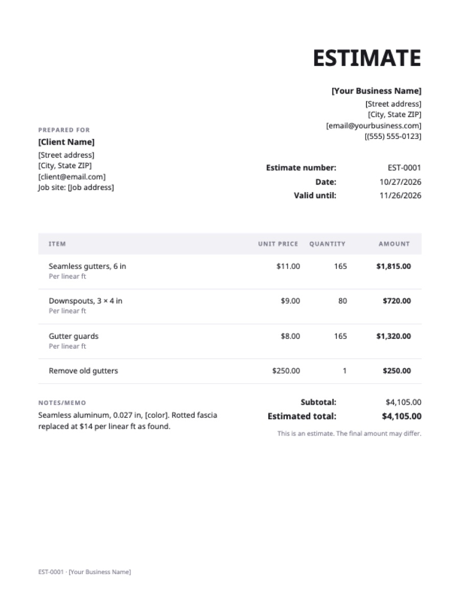 Gutter estimate template: a sample filled in with example lines for the trade
