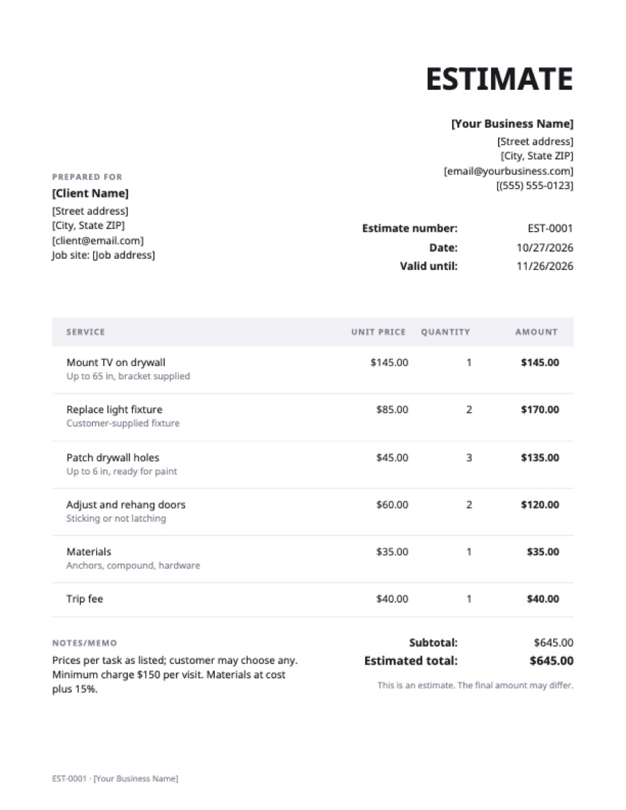 Handyman estimate template: a sample filled in with example lines for the trade