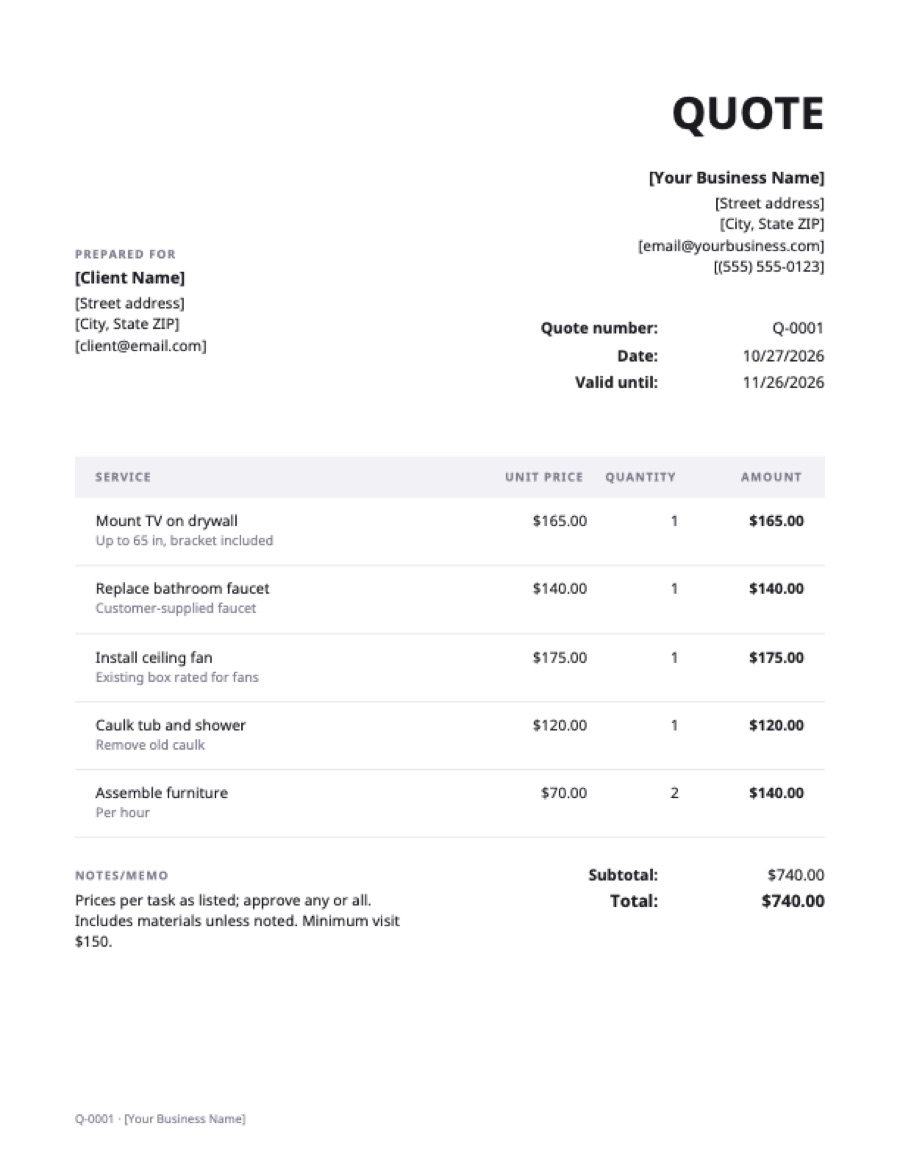 Handyman quote template: a sample filled in with example lines for the trade