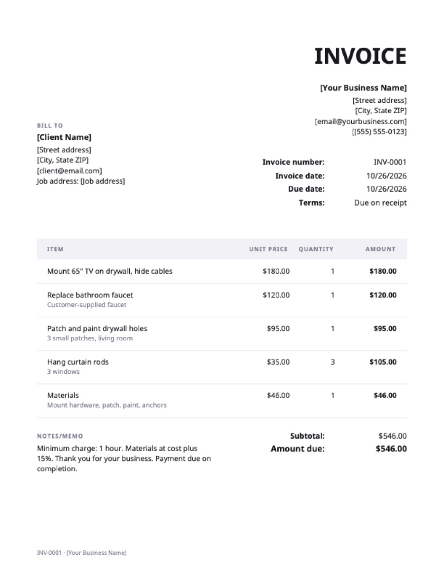 Handyman invoice template: a sample filled in with example lines for the trade