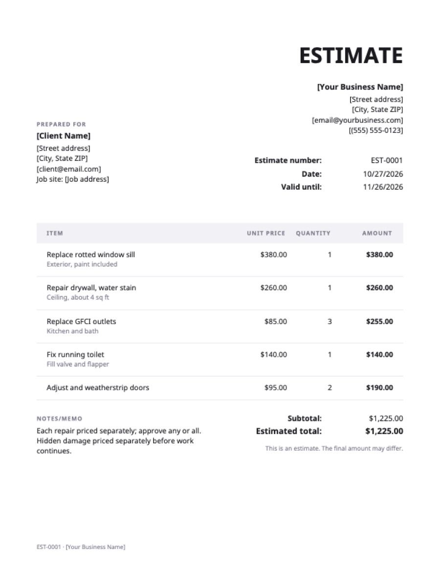 Home repair estimate template: a sample filled in with example lines for the trade