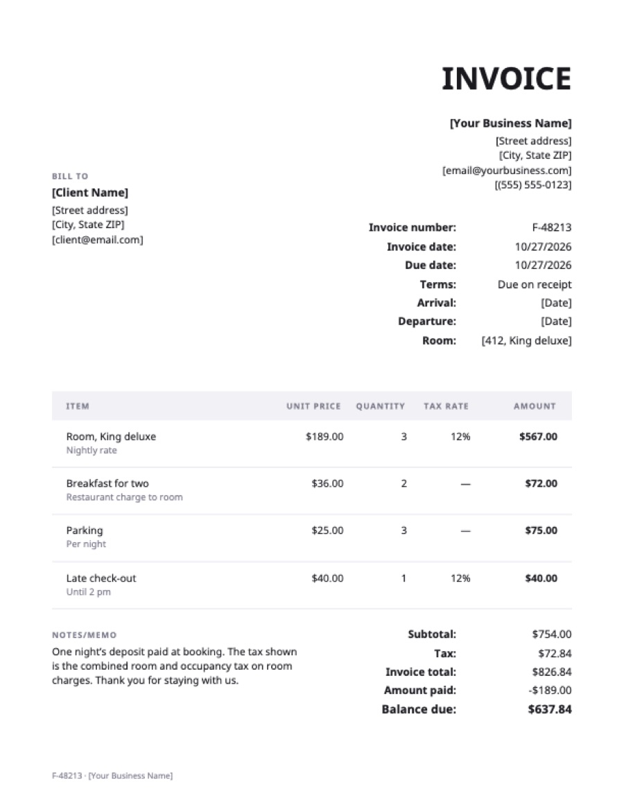 Hotel invoice template: a sample filled in with example lines for the trade