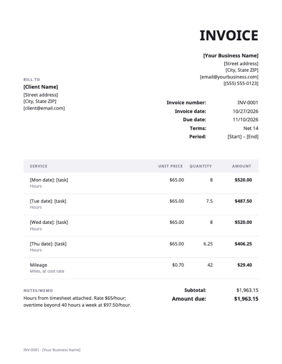 Hourly invoice template: a sample filled in with example lines for the trade