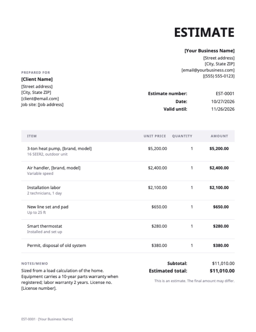 HVAC estimate template: a sample filled in with example lines for the trade