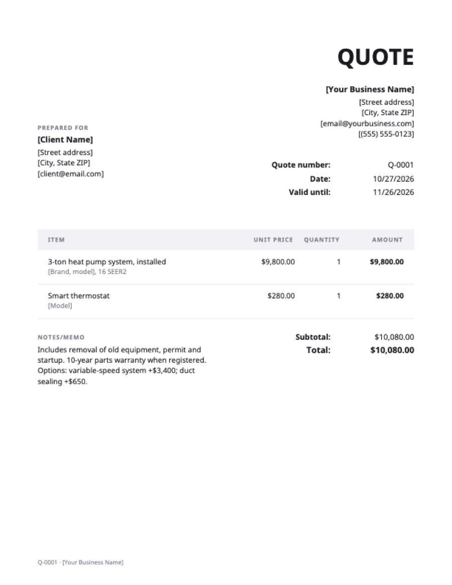 HVAC quote template: a sample filled in with example lines for the trade