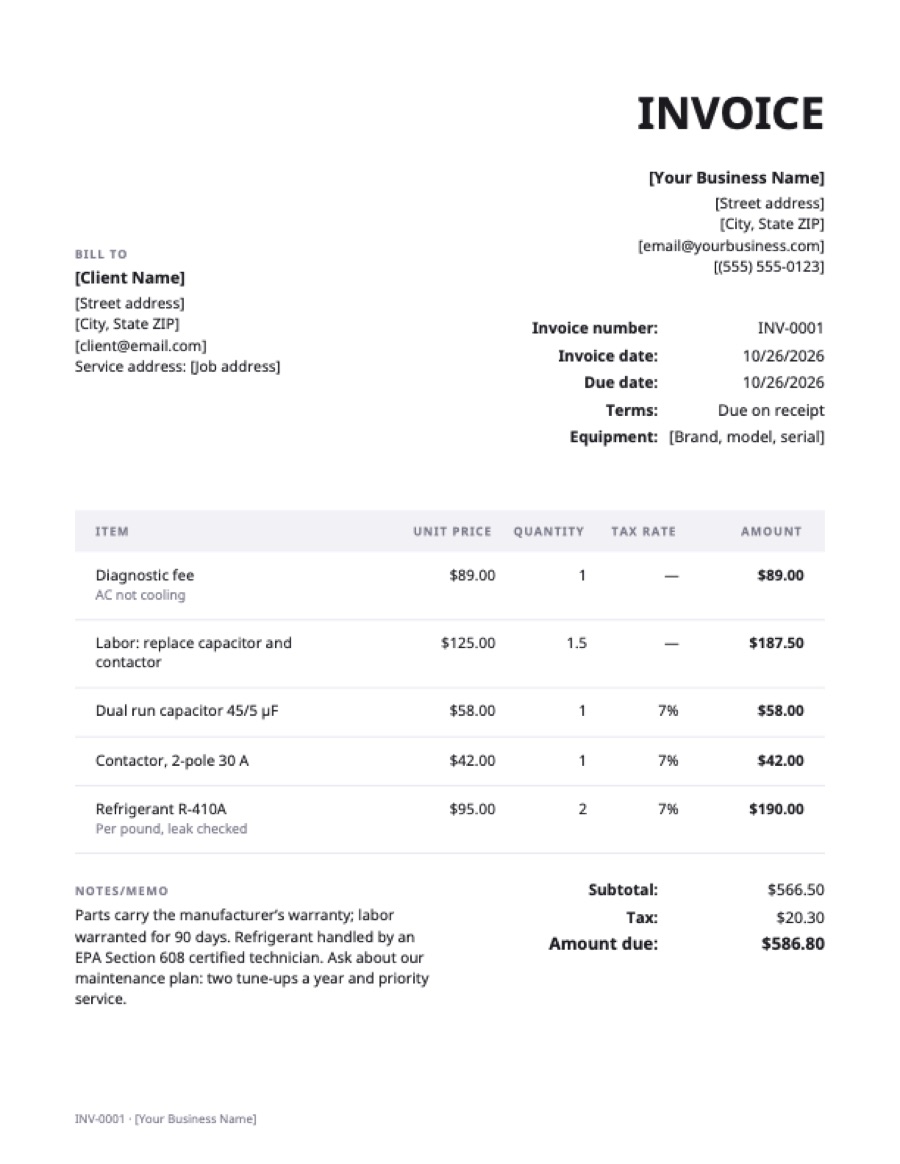 HVAC invoice template: a sample filled in with example lines for the trade