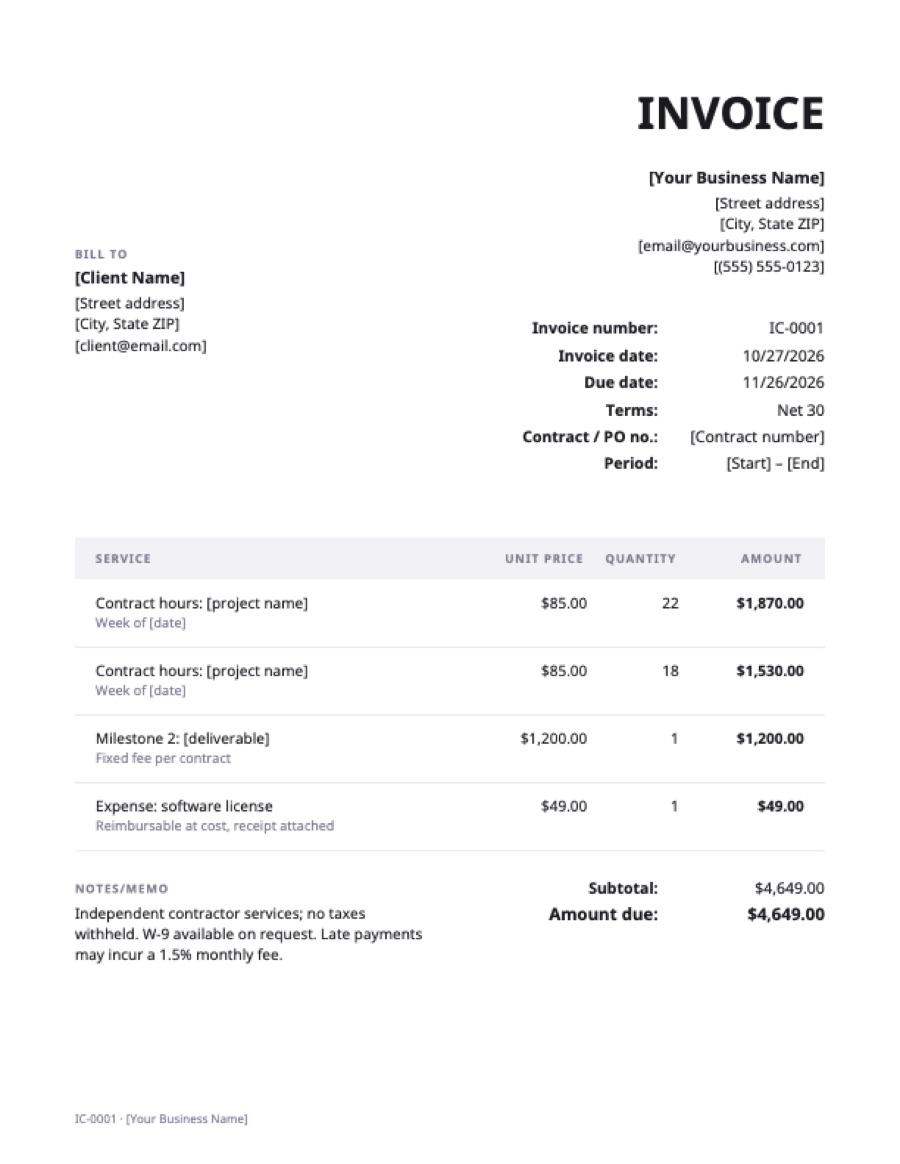 Independent contractor invoice template: a sample filled in with example lines for the trade