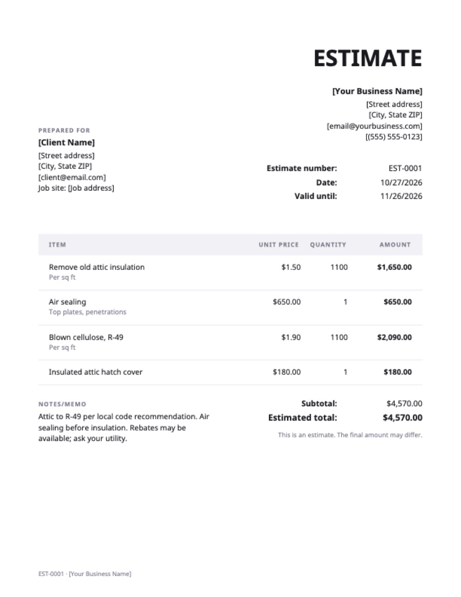 Insulation estimate template: a sample filled in with example lines for the trade