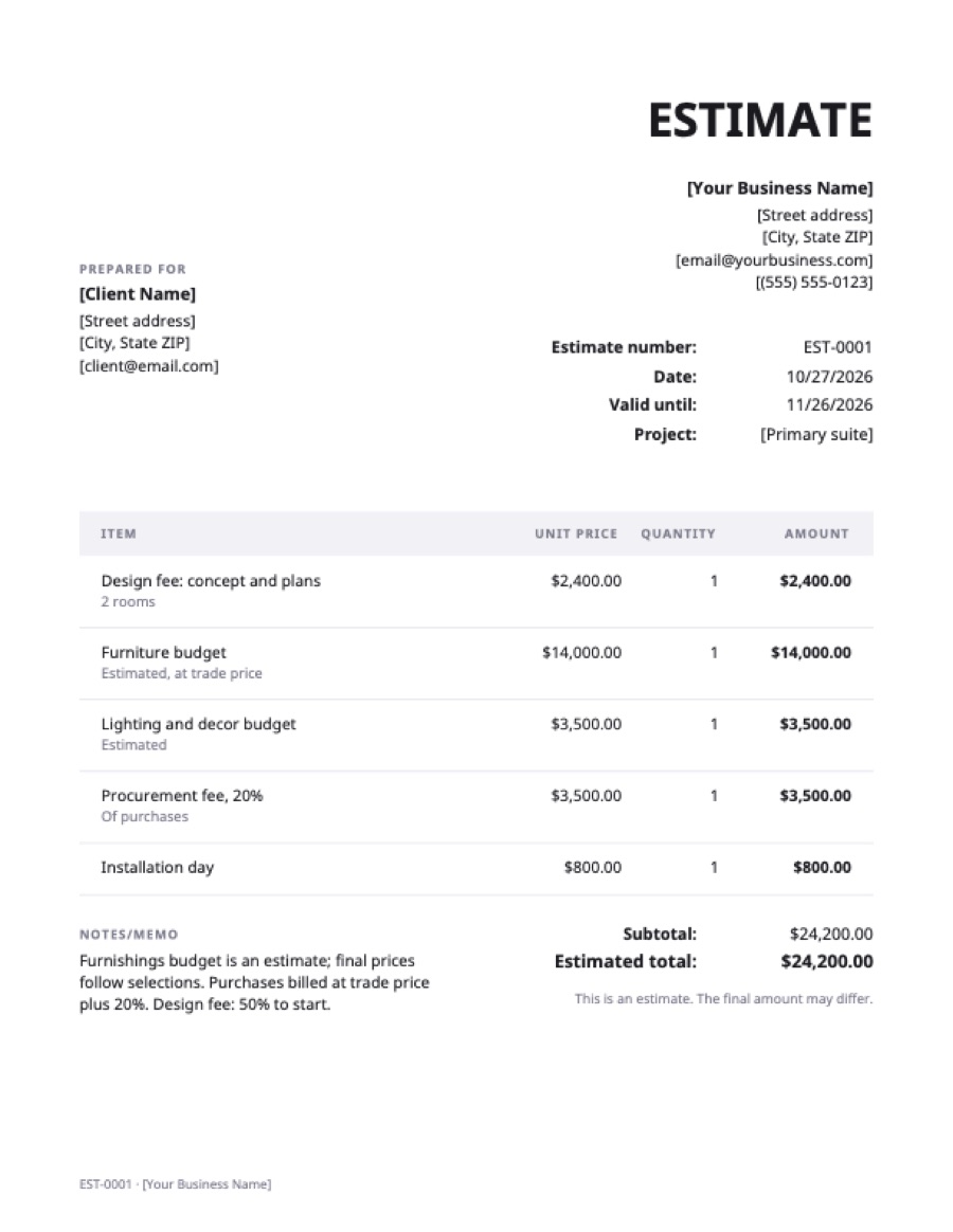 Interior design estimate template: a sample filled in with example lines for the trade