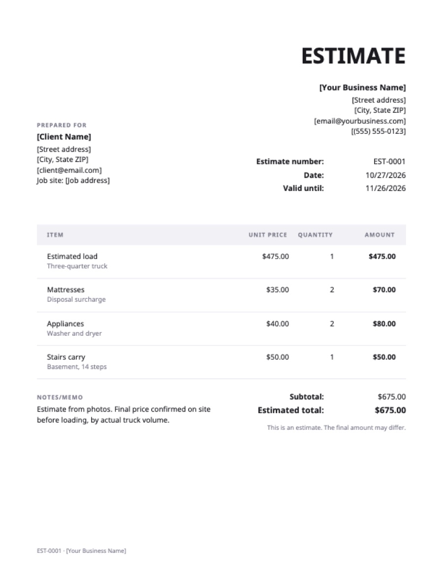 Junk removal estimate template: a sample filled in with example lines for the trade