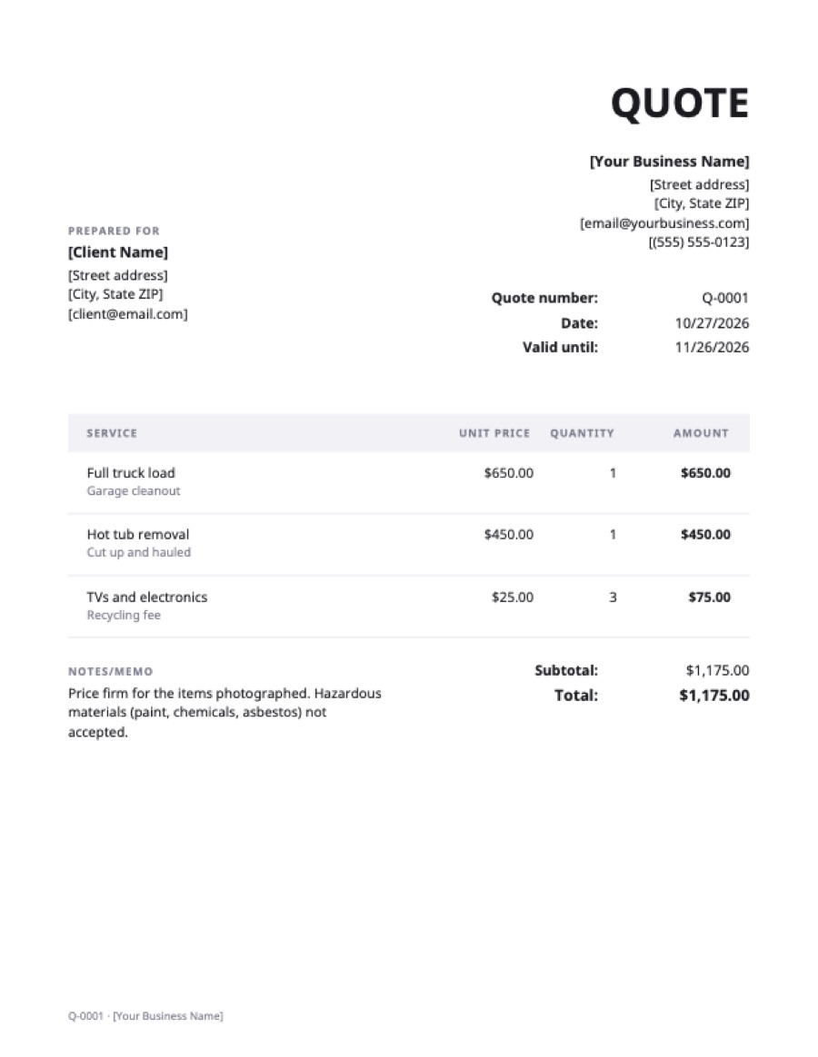 Junk removal quote template: a sample filled in with example lines for the trade