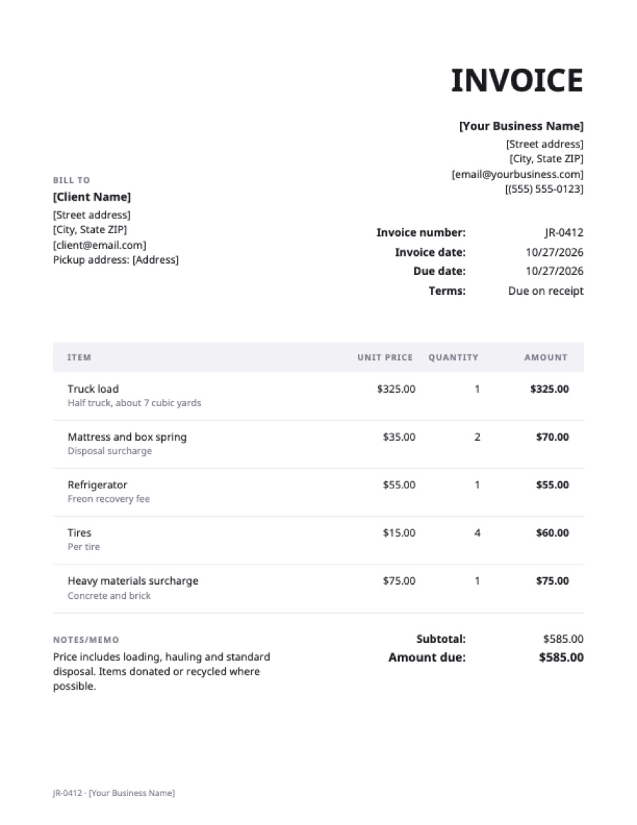 Junk removal invoice template: a sample filled in with example lines for the trade