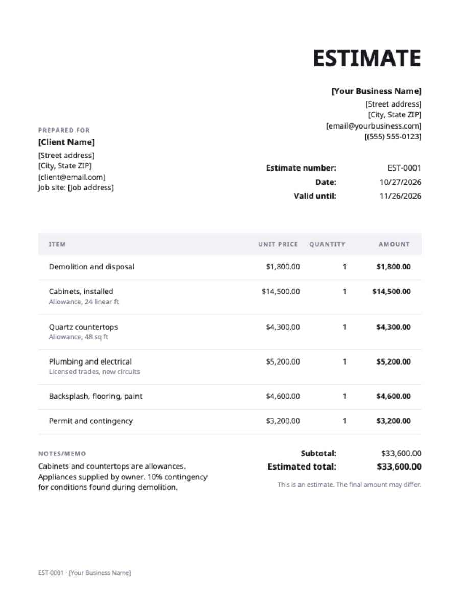Kitchen remodel estimate template: a sample filled in with example lines for the trade