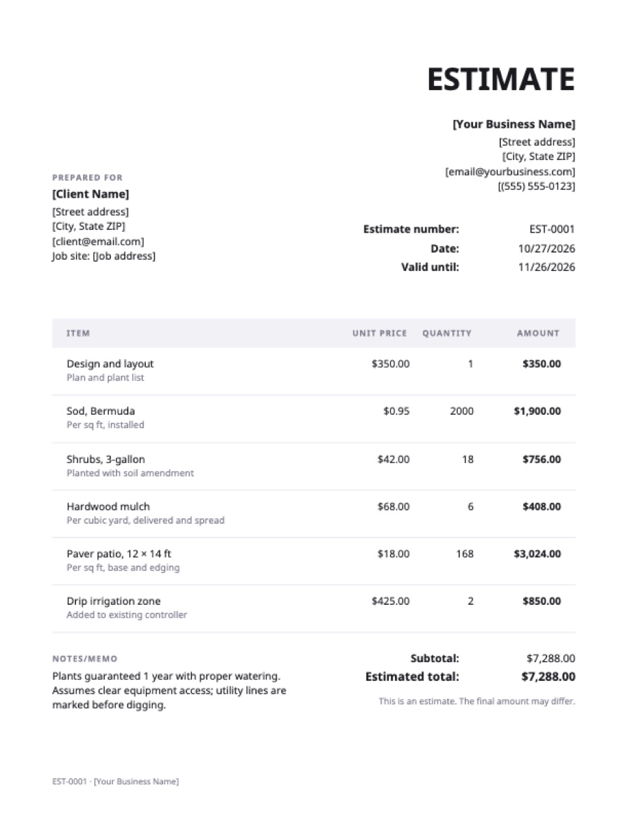 Landscaping estimate template: a sample filled in with example lines for the trade