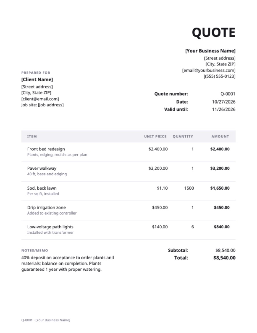 Landscaping quote template: a sample filled in with example lines for the trade