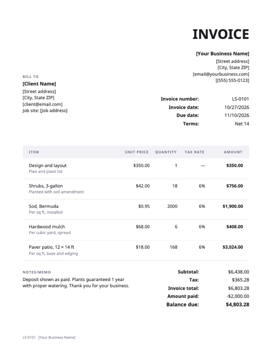 Landscaping invoice template: a sample filled in with example lines for the trade
