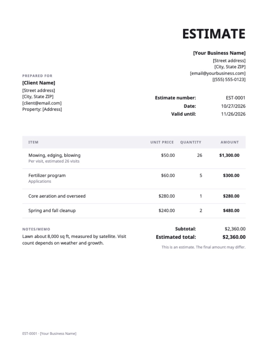 Lawn care estimate template: a sample filled in with example lines for the trade