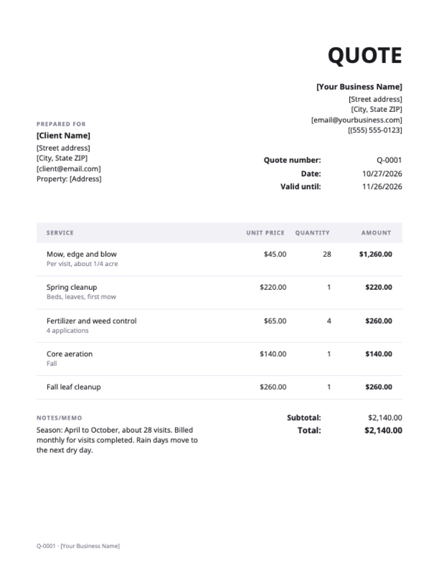 Lawn care quote template: a sample filled in with example lines for the trade