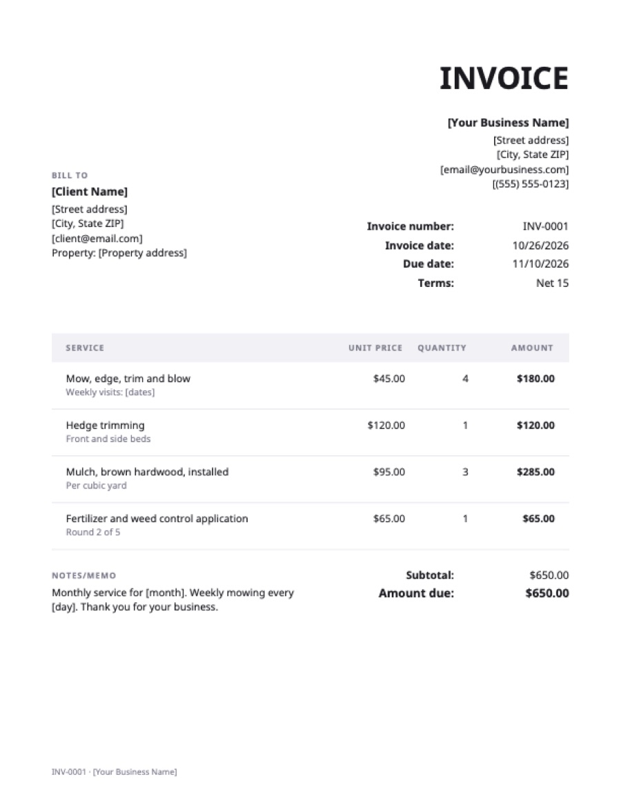 Lawn care invoice template: a sample filled in with example lines for the trade
