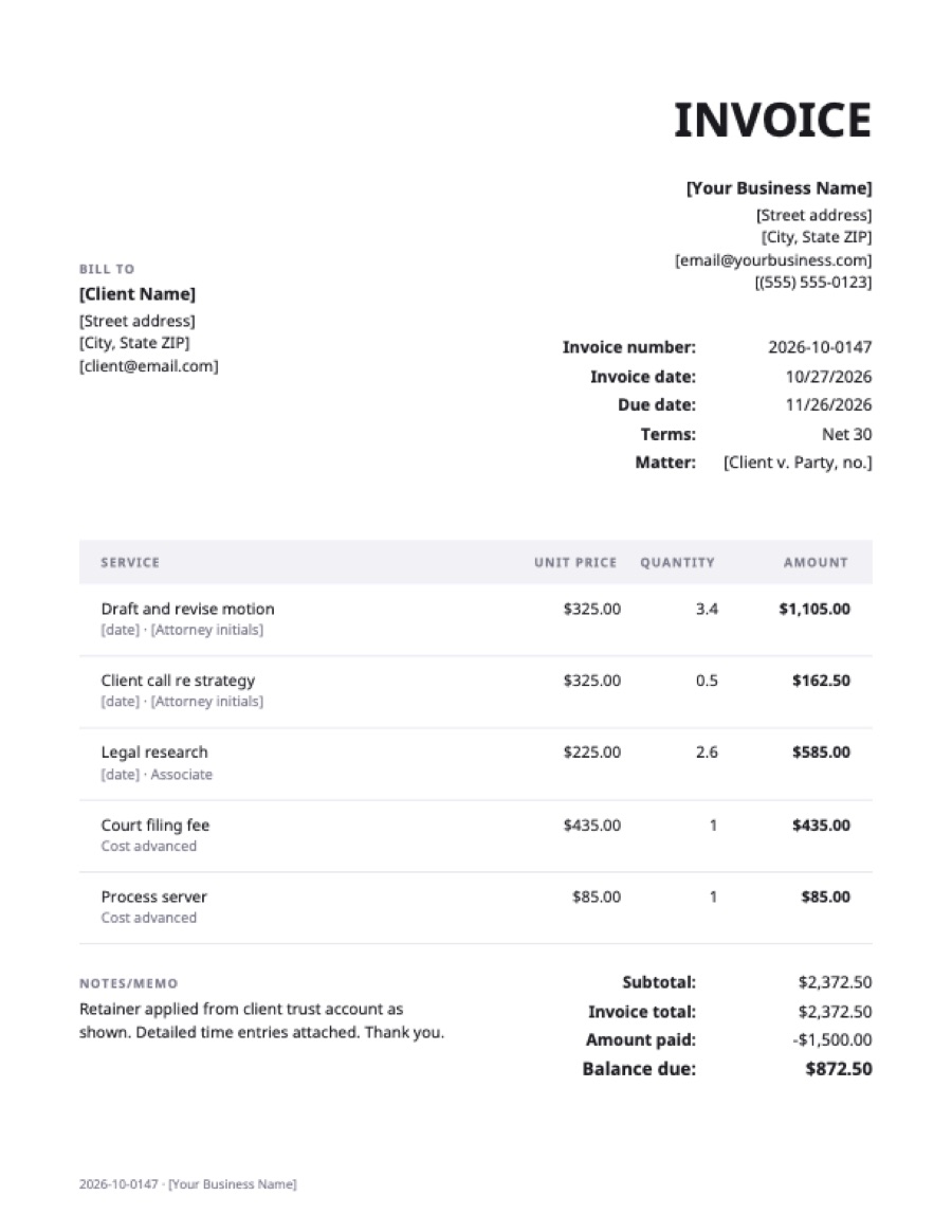 Lawyer invoice template: a sample filled in with example lines for the trade