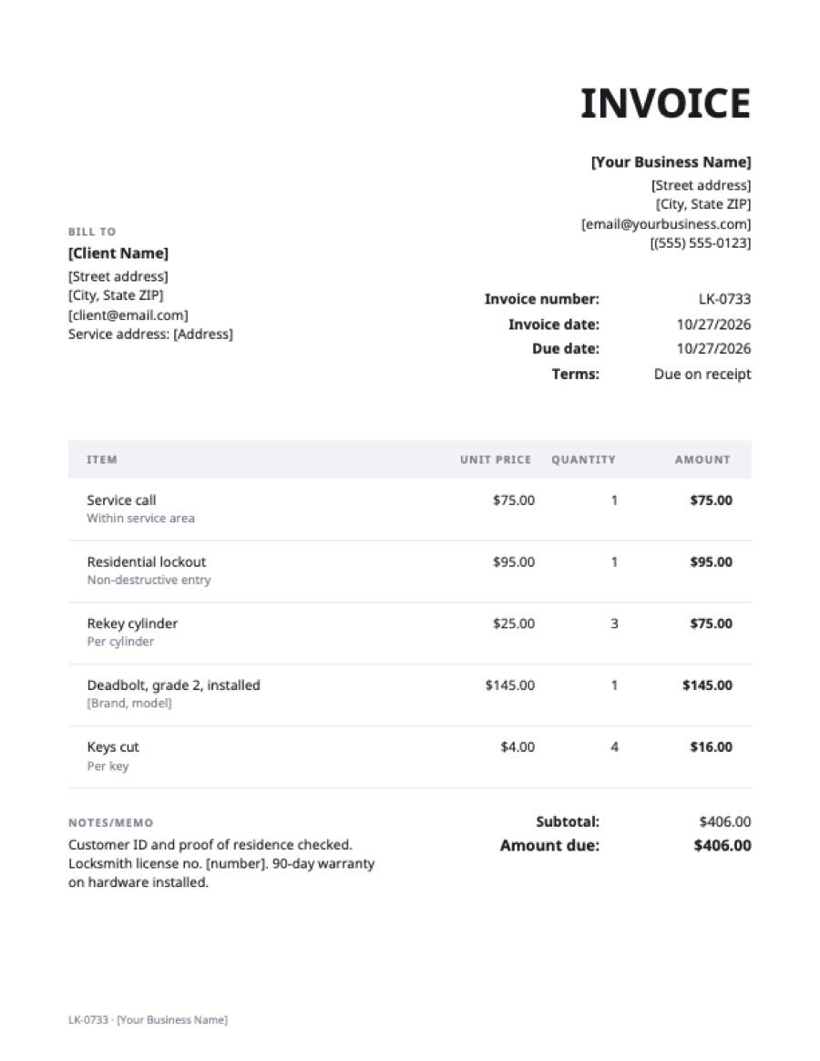 Locksmith invoice template: a sample filled in with example lines for the trade