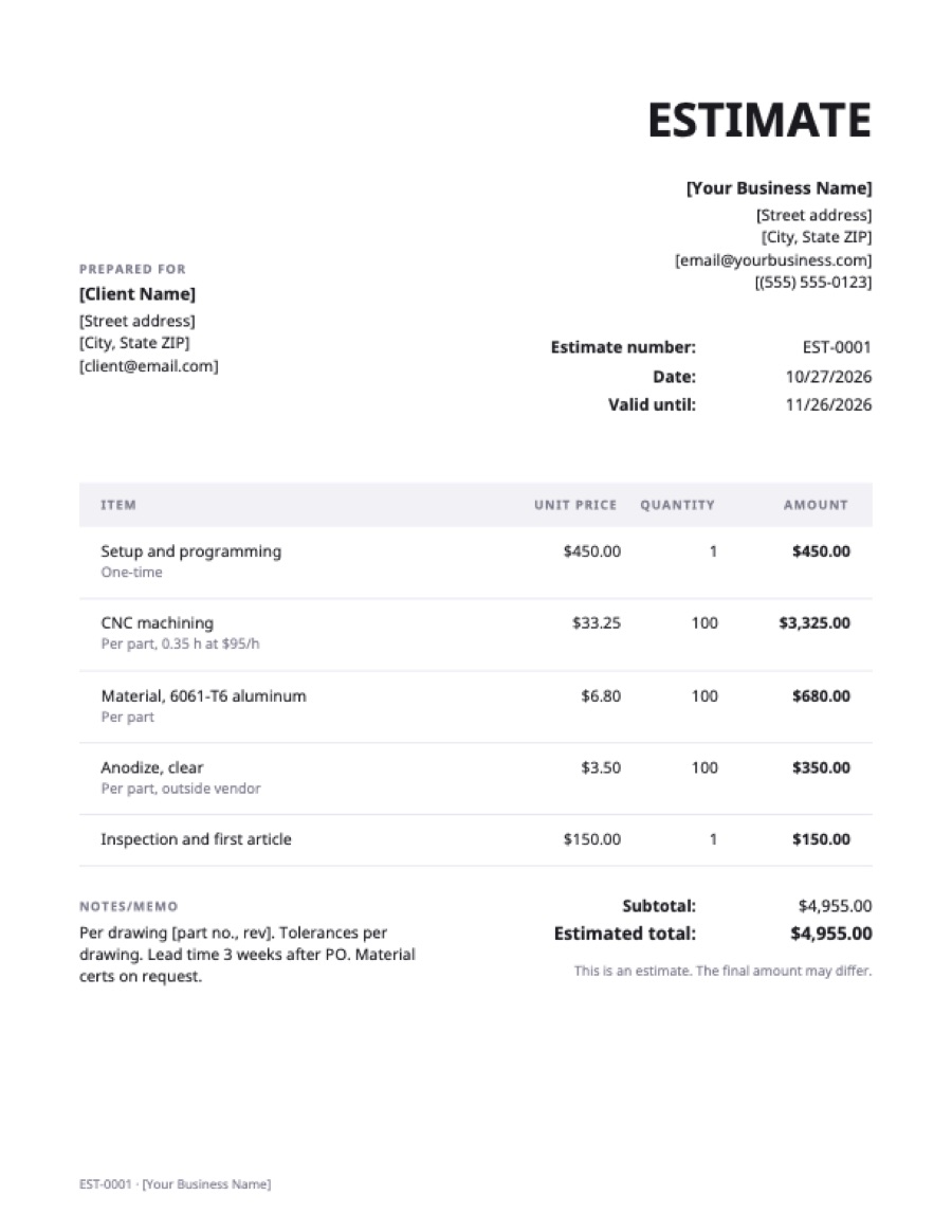 Machining estimate template: a sample filled in with example lines for the trade