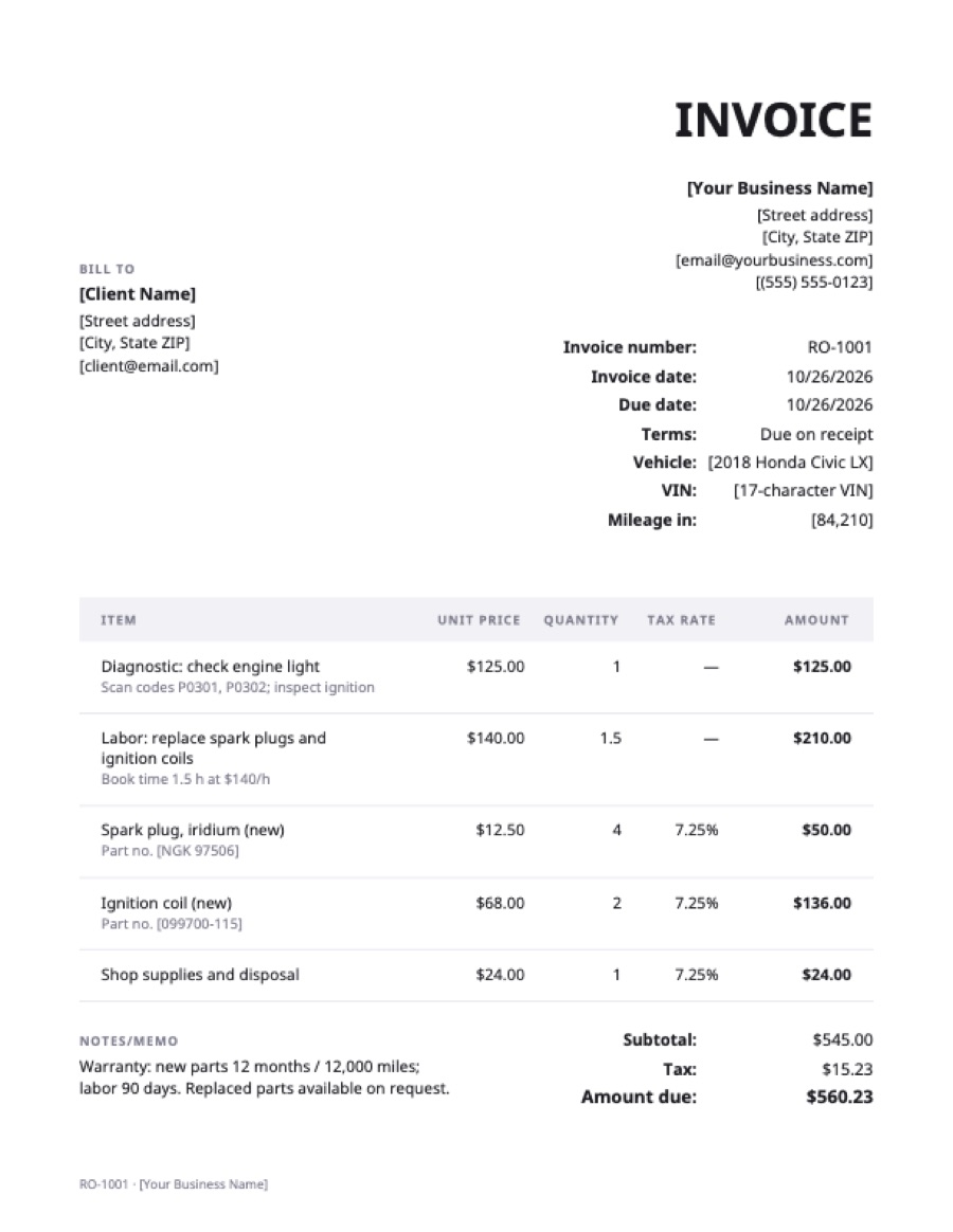 Mechanic invoice template: a sample filled in with example lines for the trade