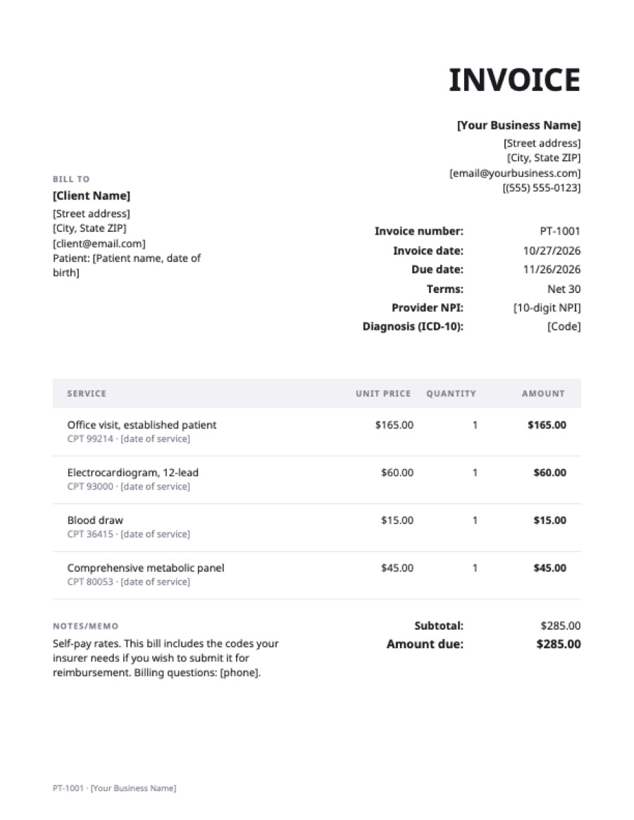 Medical invoice template: a sample filled in with example lines for the trade