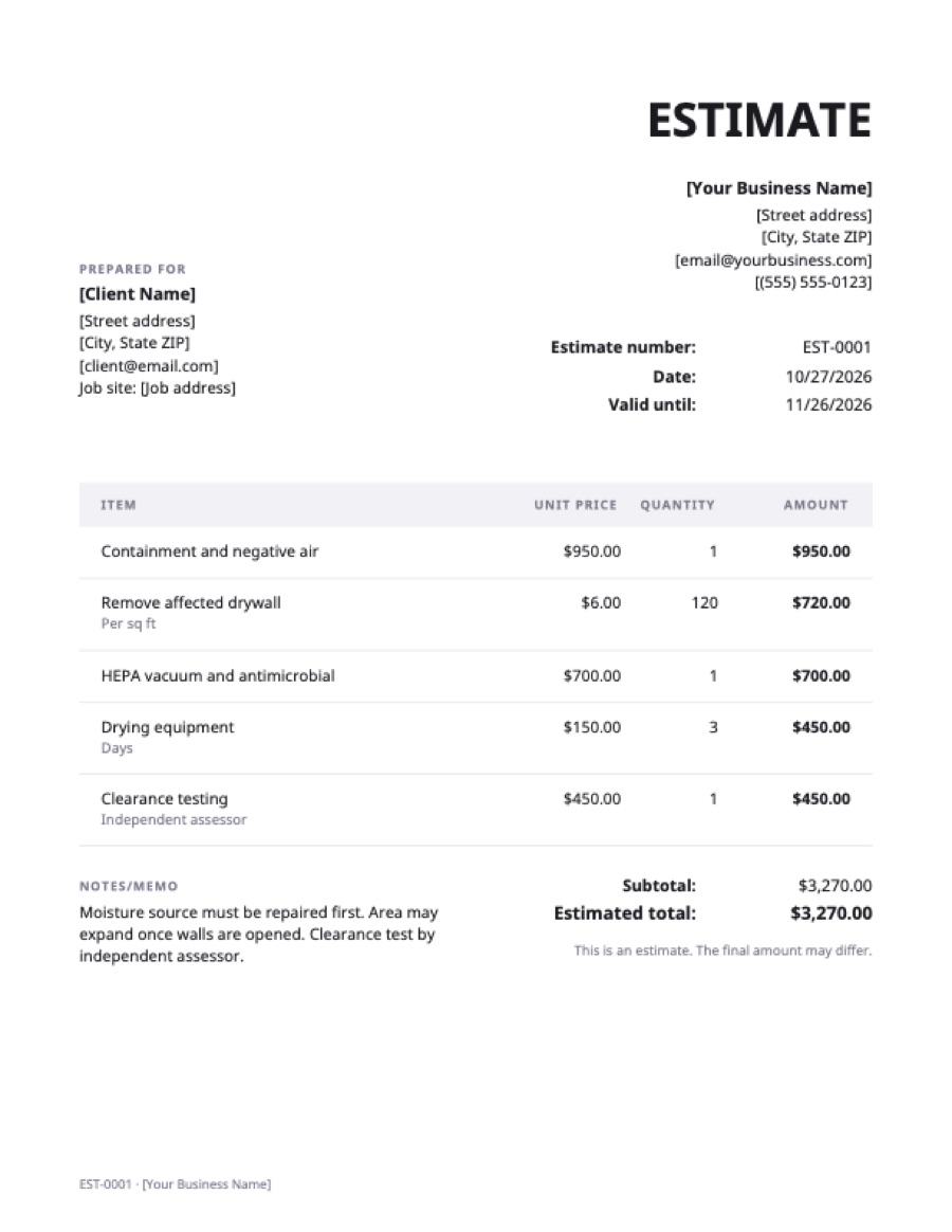 Mold remediation estimate template: a sample filled in with example lines for the trade