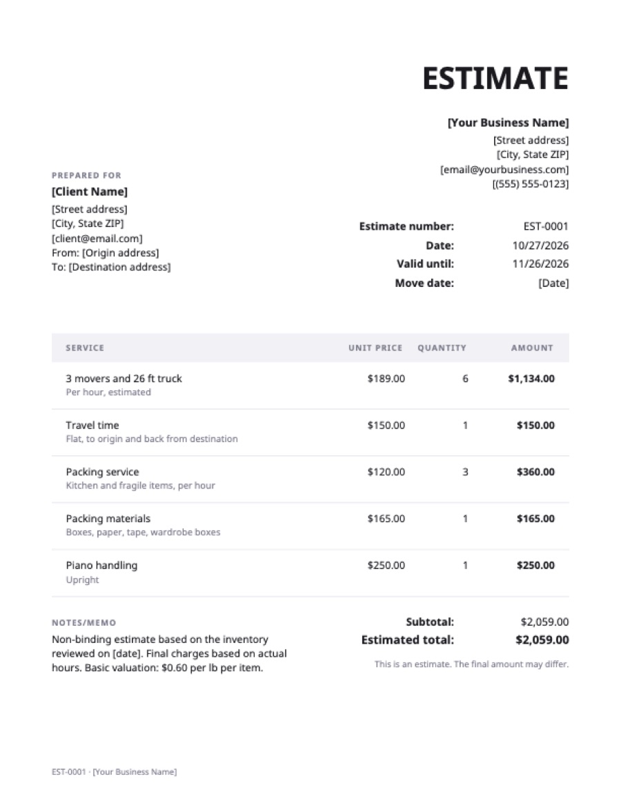 Moving estimate template: a sample filled in with example lines for the trade