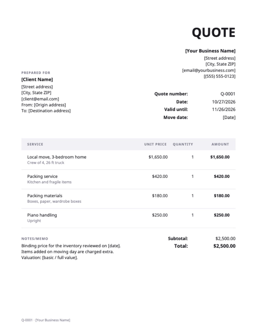 Moving quote template: a sample filled in with example lines for the trade