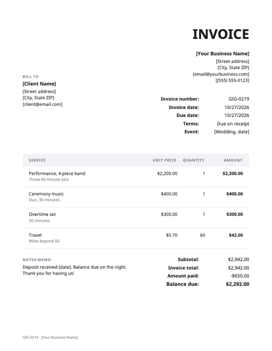 Musician invoice template: a sample filled in with example lines for the trade