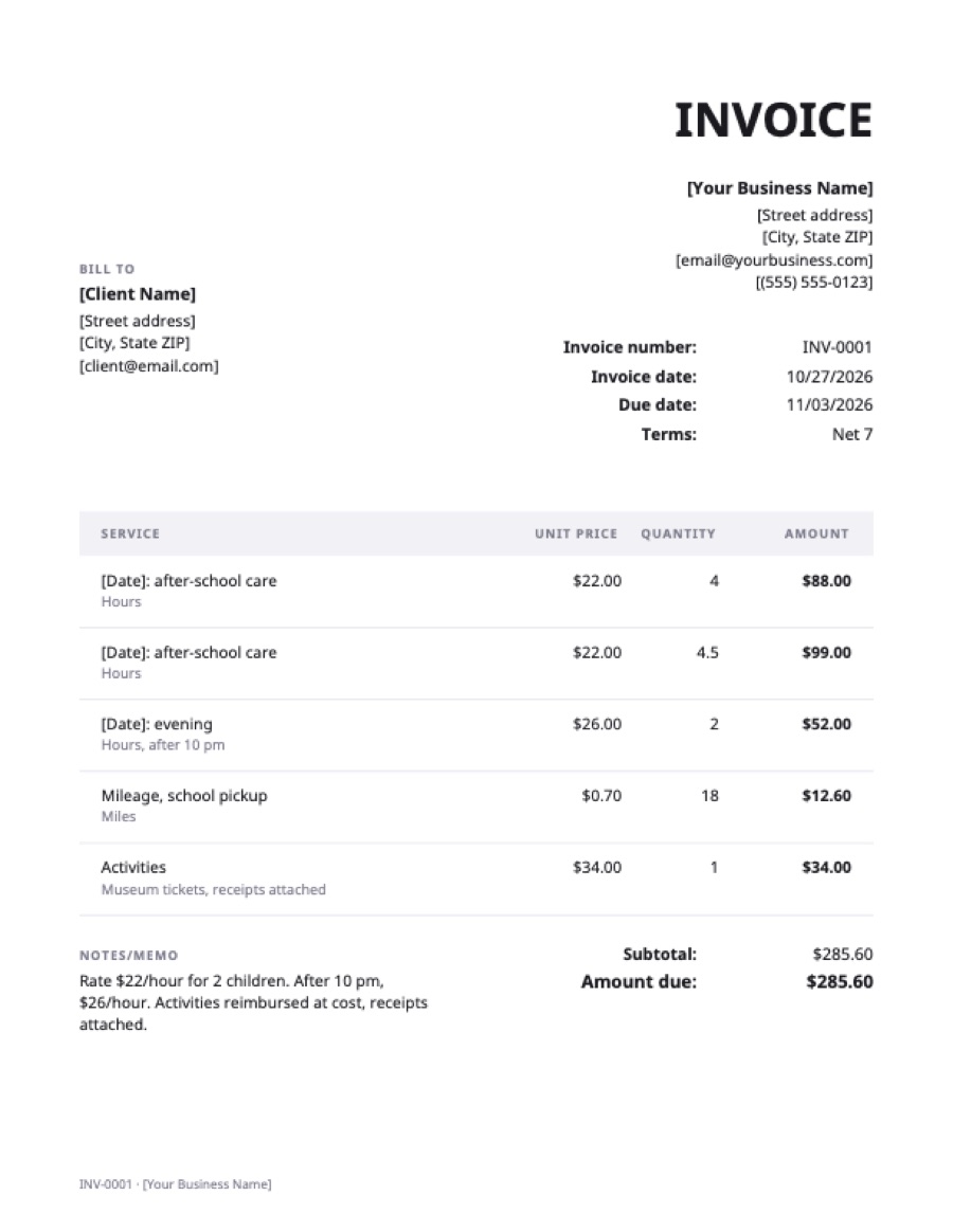 Nanny invoice template: a sample filled in with example lines for the trade