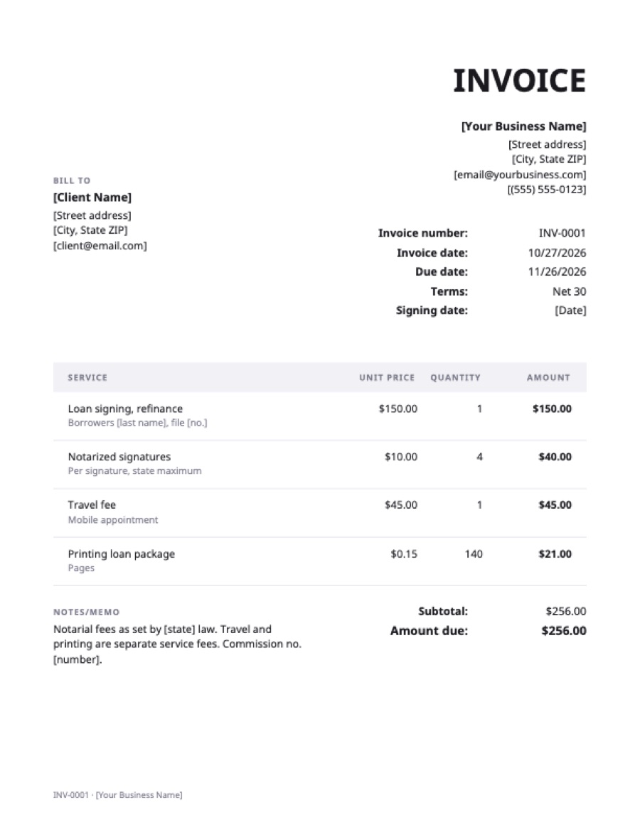 Notary invoice template: a sample filled in with example lines for the trade