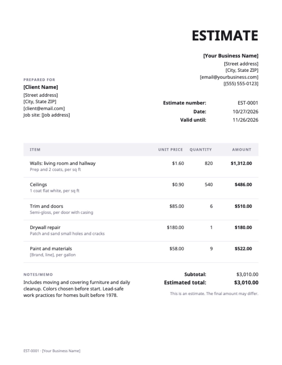 Painting estimate template: a sample filled in with example lines for the trade